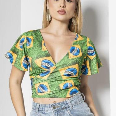 Imagem de Blusa Feminina Brasil Cropped Transpassado Suplex Premium 3 em 1 Brasi