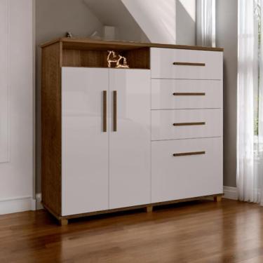 Imagem de Cômoda Helena 4 Gavetas em MDF com Portas e Prateleiras Malbec e Off White para Quarto