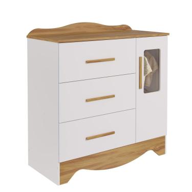 Imagem de Cômoda Clara 1 Porta 3 Gavetas em MDF com Puxadores em MDF Amêndoa Branco