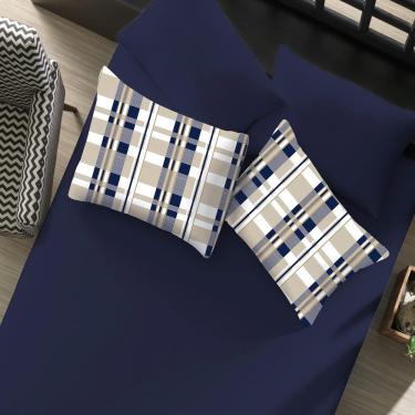 Imagem de Jogo de Cama Paulo Casal 3 Peças 100% Algodão Percal 180 Fios com Lençol com Elástico e Fronhas Marinho