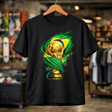 Imagem de Camisa Masculina Preta Brasil Taça Hexa Estampa Futebol Seleção Estilo Esporte Campeão...