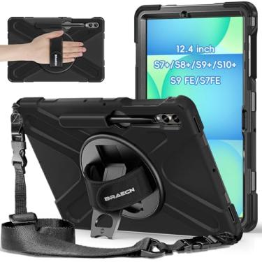 Imagem de BRAECNstock Capa para tablet Samsung Galaxy Tab S10+ Plus/S9 FE+ Plus/S9+ Plus/S8+ Plus/ S7 FE/ S7+ Plus 5G Capa protetora à prova de choque de 12,4 polegadas com suporte giratório para caneta e alça