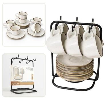 Imagem de Kit Suporte Organizador Com 6 Xicaras Cafe Cha 75ml Ryo Maresia Oxford