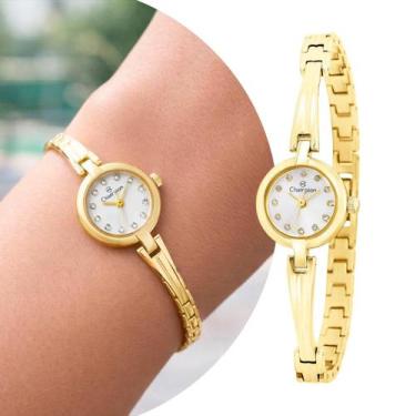 Imagem de Relógio Feminino Dourado com Caixa e Pulseira de Aço Inoxidável com Re