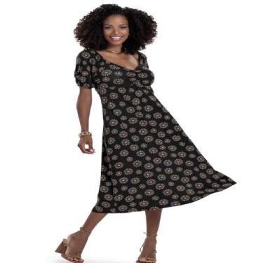 Imagem de Vestido Feminino Midi Estampado Com Mangas Bufantes Rovitex, Preto, G