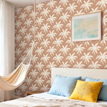 Imagem de ICOOP Papel de parede tropical de terracota para descascar e colar papel de parede boho 43 cm × 696 cm, palmeira, papel de contato costeiro para armários, prateleiras, marrom, laranja, retrô, praia