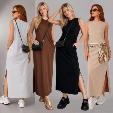 Imagem de Vestido feminino longo casual com fendas e bolsos de algodão - MODASCA