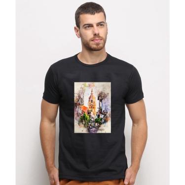 Imagem de Camiseta masculina Preta algodao Catedral Colombia Watercolor Arte