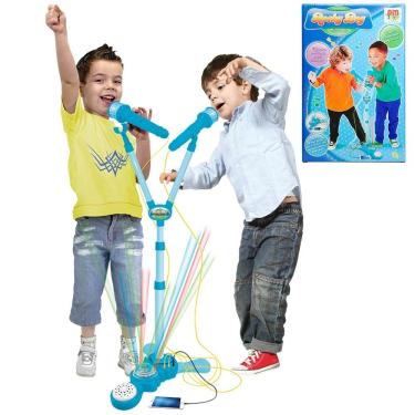 Imagem de Microfone Infantil Duplo Amplificador Karaoke Com Pedestal Azul (DMT5049)