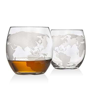 Imagem de Óculos de uísque Godinger Old Fashioned Whiskey, mapa do globo gravado – Conjunto de 2