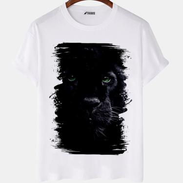 Imagem de Camiseta masculina Onça preta Animais Fundo Preto Arte Camisa Blusa Branca Estampada