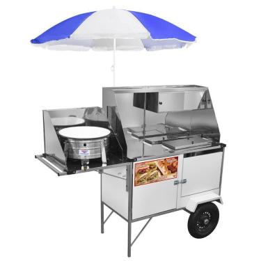 Imagem de Carrinho 3 em 1 Cefaz Hot Dog Lanche e Salgado Luxo Branco Rodas Pneumáticas e Guarda Sol BL28P/GS