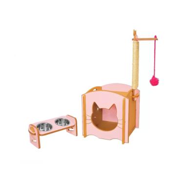 Imagem de Casinha De Gato Com Arranhador + Comedouro Rosa Ref.AG011R - VivaLigna
