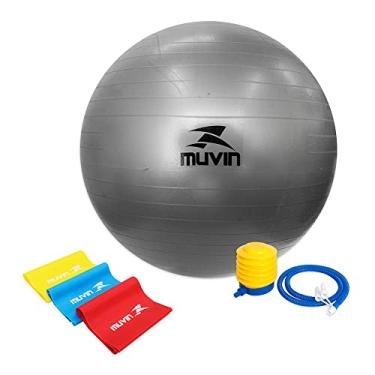 Imagem de Kit Muvin com Bola de Pilates 65cm Muvin – Antiestouro – Suporta até 300kg – Com Bomba + Kit 3 Faixas Elásticas – Tamanho 150cm x 15cm - 3 Intensidades Diferentes – Fitness – Yoga - Exercícios (Cinza)