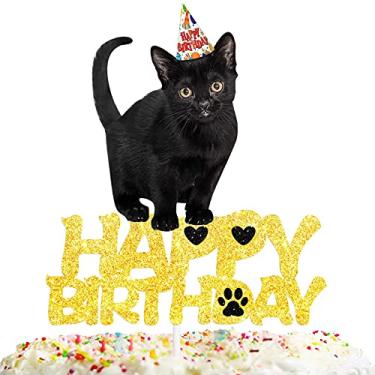 Imagem de Preto Glitter Adorável Chapéu de Gato Topo de Bolo Gato Visual de Tema Bonito Suprimentos de Decoração Chá de Bebê Meninos Meninas Decorações de Festa de Família Feliz Aniversário