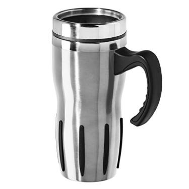 Imagem de Oggi Caneca térmica de viagem de aço inoxidável Multigrip – 473 ml, com tampa deslizante aberta para bebidas quentes e frias.