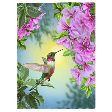 Imagem de pingpi Bandeira de jardim de duas faces, beija-flor de pássaro pequeno, bandeira de jardim de juta dupla, flores rosa vintage e bandeiras de quintal de folhas verdes 32 x 45 cm