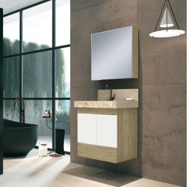 Imagem de Conjunto para Banheiro com Espelheira, Gabinete, Lavatório em Porcelanato com Cuba Esculpida Bumi Branco/Wood/Travertino