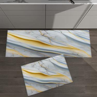 Imagem de Conjunto de 2 tapetes de cozinha de mármore arte moderna cinza dourado para tapetes acolchoados e tapetes antiderrapantes absorventes corredor confortável tapete de pé