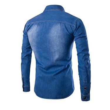 Imagem de Camiseta masculina gráfica blusa manga longa casual moda camisa slim fit jeans outono masculino 60 anos retrô, Azul-marinho, XXG