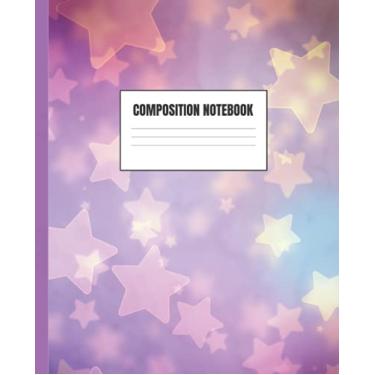 Imagem de Caderno de composição: 19 x 23,5 cm, 100 páginas pautadas largas | Para crianças do ensino fundamental, ensino médio ou universitário | Capa espacial galáxia estrelas rosa