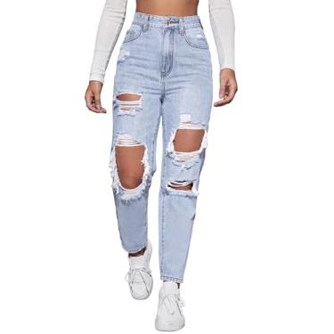 Imagem de Floerns Calça jeans feminina de cintura alta e perna reta rasgada, Azul gelo, GG