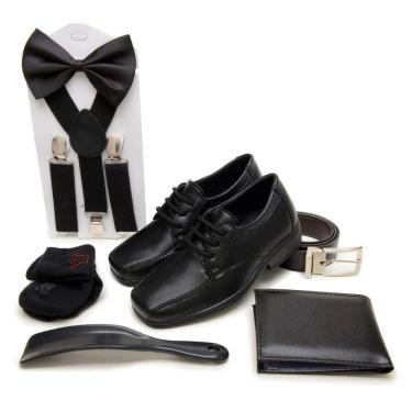 Imagem de Kit Sapato Social Infantil Suspensorio Gravata Cinto Carteira Calçadeira Meia Pajem Casamento