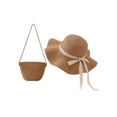 Imagem de Verdusa Chapéu de sol feminino de palha com aba larga e bolsa transversal de palha, Cáqui escuro, tamanho �nico