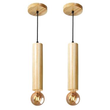 Imagem de Kit 2 Pendentes Luminária Cilindro Tubo Madeira Maciça 1M