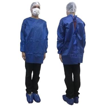 Imagem de Avental Manga Longa com Tiras Embutidas e Punho Lastex Descartável fabricado em TNT 40g/m² Azul Tamanho Único pacote com 10 unidades utilizada em Clinicas, Hospitais e Exames Laboratoriais