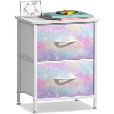 Imagem de Sorbus Mesa de cabeceira com 2 gavetas – mesa de cabeceira infantil – estrutura de aço, tampo de madeira e caixas de tecido fáceis de puxar – cômoda e baú para casa, acessórios de quarto, escritório e