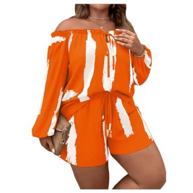 Imagem de OYOANGLE Conjunto feminino plus size de 2 peças, blusa listrada com ombro de fora e shorts amarrados na frente, Laranja, 1XL