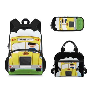 Imagem de Kathyboom Conjunto de 3 mochilas escolares com padrão de ônibus para meninas, meninos, adolescentes, bolsa escolar resistente à prova de vazamento, lancheira isolada, estojo para lápis, mochila