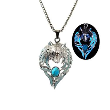 Imagem de Colar com pingente de cabeça de lobo luminoso para mulheres e homens, presente de lobo viking, joia de Halloween que brilha no escuro, Aço inoxidável, Sem Pedra Preciosa