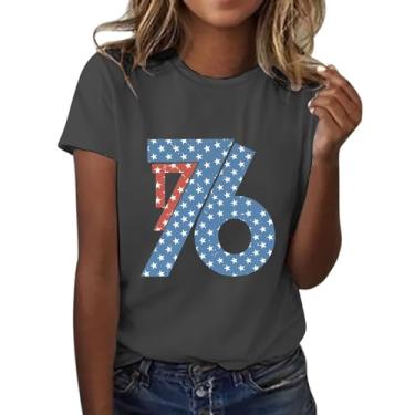 Imagem de Camiseta feminina com bandeira americana 2024 4 de julho Patriotic Shirts 1776 Stars Graphic Crew Neck Tops de verão, Cinza escuro, G