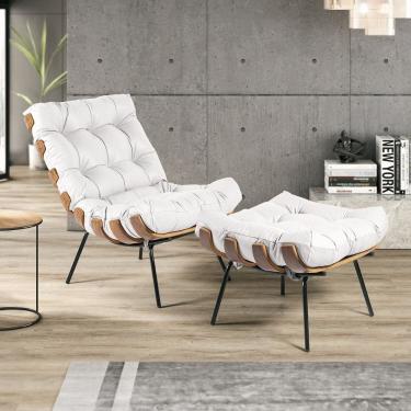 Imagem de Kit Poltrona Decorativa em Costela e Puff Couro Branco