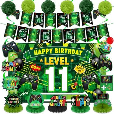 Imagem de Decorações de banner de aniversário de videogame centros de mesa em forma de favo de mel redemoinhos para meninos brinde a aniversário suprimentos de cabine de fotos (verde preto 11º aniversário)