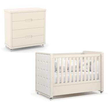 Imagem de Berço Americano com Capitonê New Boucle e Cômoda Gaveteiro Infantil Tutto New Off White...