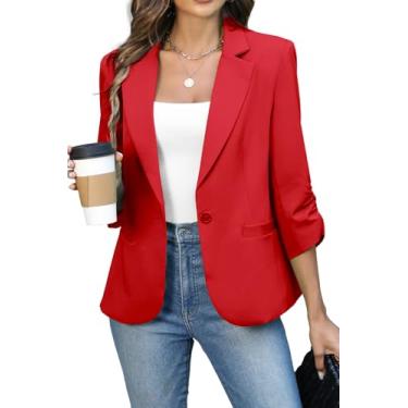 Imagem de ELLEVEN Blazers femininos franzidos de manga 3/4, caimento justo e leve com ombro acolc...