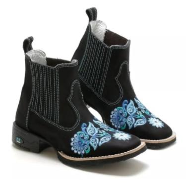 Imagem de Bota Feminina Texana Country Em Couro Botina Bico Quadrado Bordado Flores RR Botas