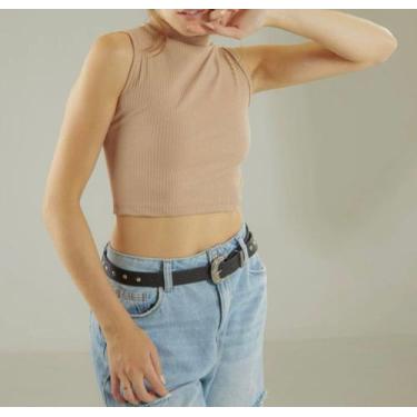 Imagem de Blusa cropped canelado cavado gola alta feminino - Filó modas, Azul, P