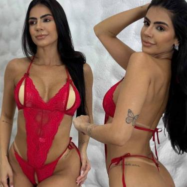 Imagem de Body Sensual com Abertura Rendado Sexy Sem bojo - Like4you, M, Vermelh