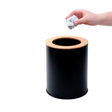 Imagem de lixeira com tampa redonda 8L de metal bambu - oikos, 8L, PRETO