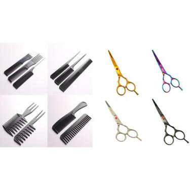 Imagem de Kit Pente Profissional Cabeleireiro/barbeiro+1 Tesoura Inox - Lullu Pe