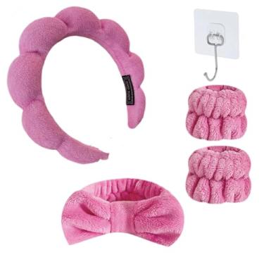 Imagem de Comsuit Faixa de cabeça de spa para lavar o rosto, com pulseira, esponja para maquiagem, faixa de cabelo para cuidados com a pele, 1 gancho de armazenamento para armazenamento, conjunto de faixa de