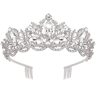 Imagem de Tiaras e coroas de casamento Exacoo para mulheres, tiara de rainha de strass para mulheres, tiara de princesa, coroa de aniversário, tiara para casamento, formatura, festa de casamento, presentes de Halloween, fantasia de Natal (prata com pentes)