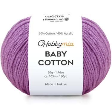 Imagem de HobbyMia Fio de algodão para bebês para crochê - 50 g / 180 m - (2) fio fino, peso esportivo - fio Amigurumi macio para linha de crochê - 60% algodão e 40% acrílico (lilás escuro, 1 bola)
