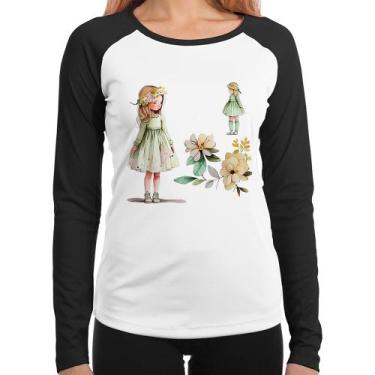 Imagem de Baby Look Raglan Meninas e Flores Manga Longa - Foca na Moda, Branco, 