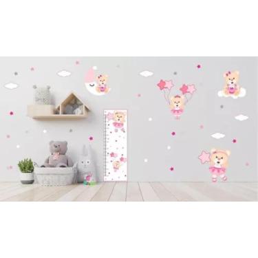 Imagem de Adesivo De Parede ursinha bexiga e Regua de crescimento ursa rosa - pi