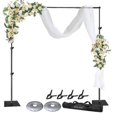Imagem de HYJ-INC Kit de suporte de cenário para fotografia de cachimbo e drapeado, suporte de fundo de foto ajustável de 3 m x 2,6 m com base de metal para festas, casamentos, festas de aniversário, cabine de fotos com 4 grampos, bolsa de transporte.
